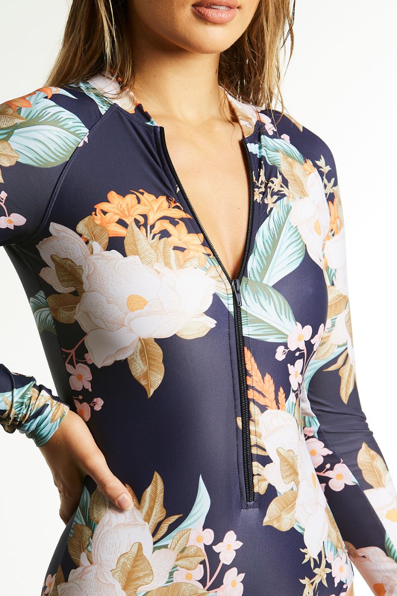 Sustainable Womens Long Sleeve Swimsuit in Cali Tropics Navy - Cat & I
