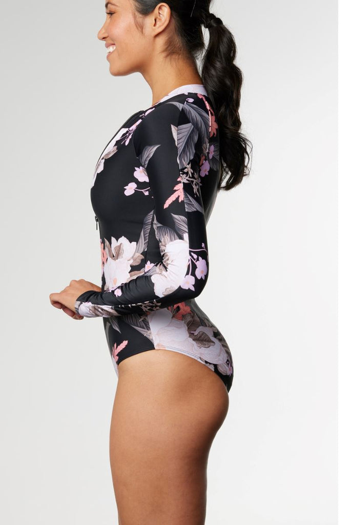 Sustainable Womens Long Sleeve swimsuit in Cali tropics Black - Cat & I