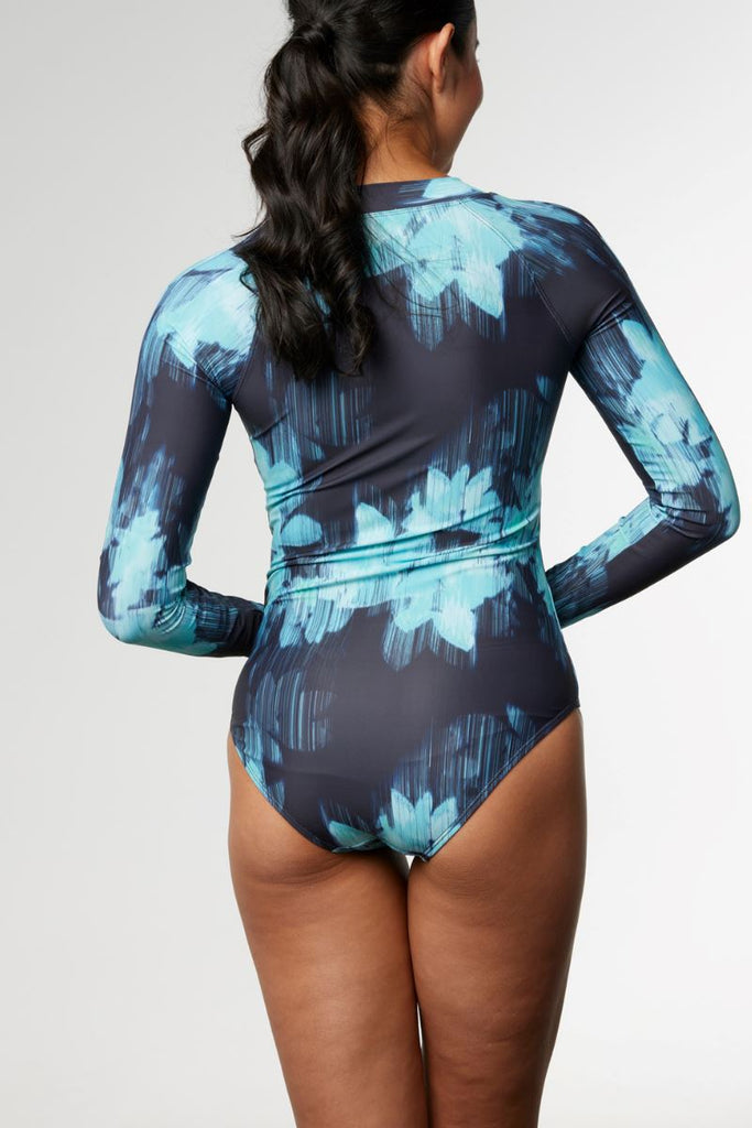 Sustainable Women's Rashie with front zip in Blurred floral Emerald & Black - Cat & I