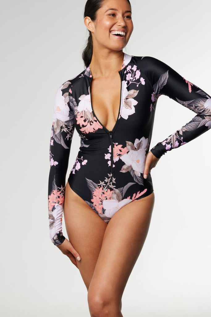 Sustainable Womens Long Sleeve swimsuit in Cali tropics Black - Cat & I