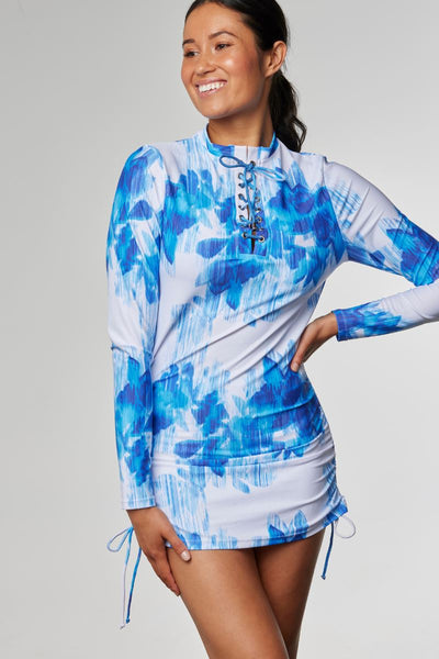 Sustainable Womens Convertible Rashie in Blurred Floral White & Blue - Cat & I