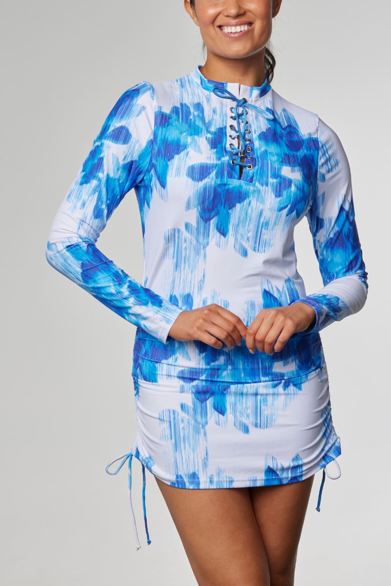 Sustainable Womens Convertible Rashie in Blurred Floral White & Blue - Cat & I