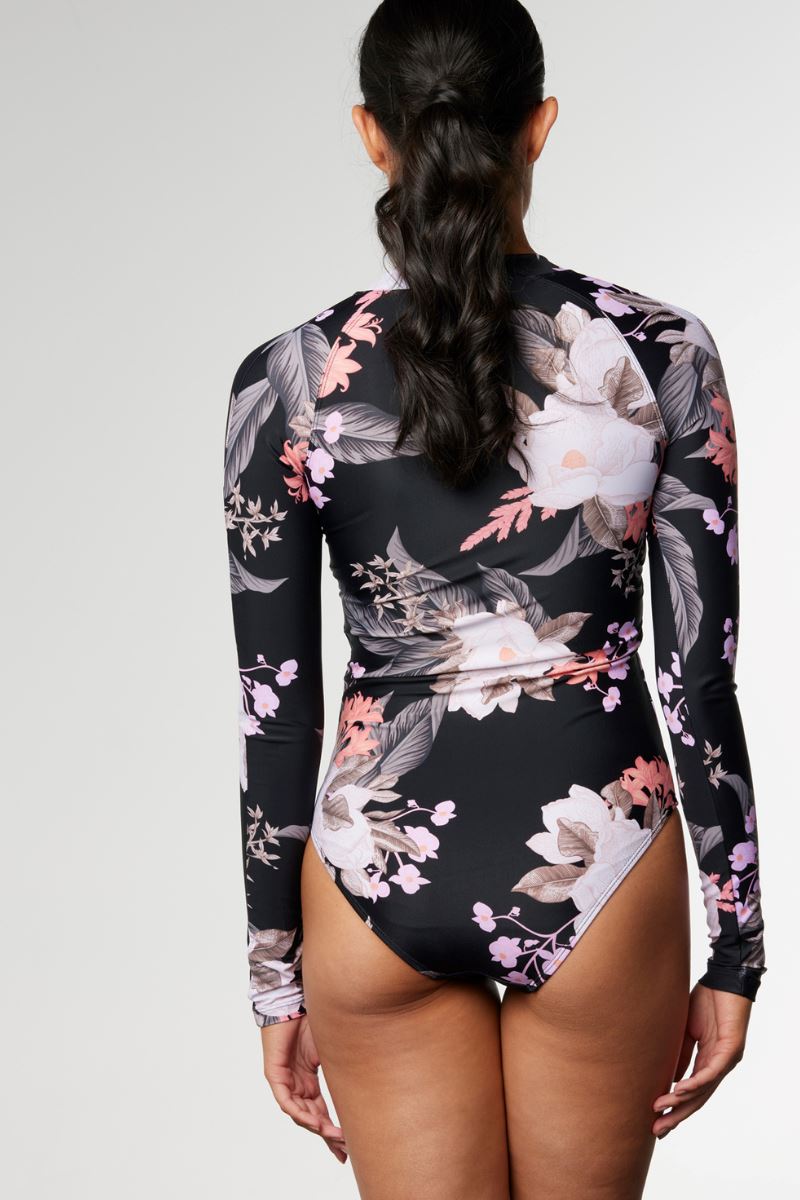 Sustainable Womens Long Sleeve swimsuit in Cali tropics Black - Cat & I