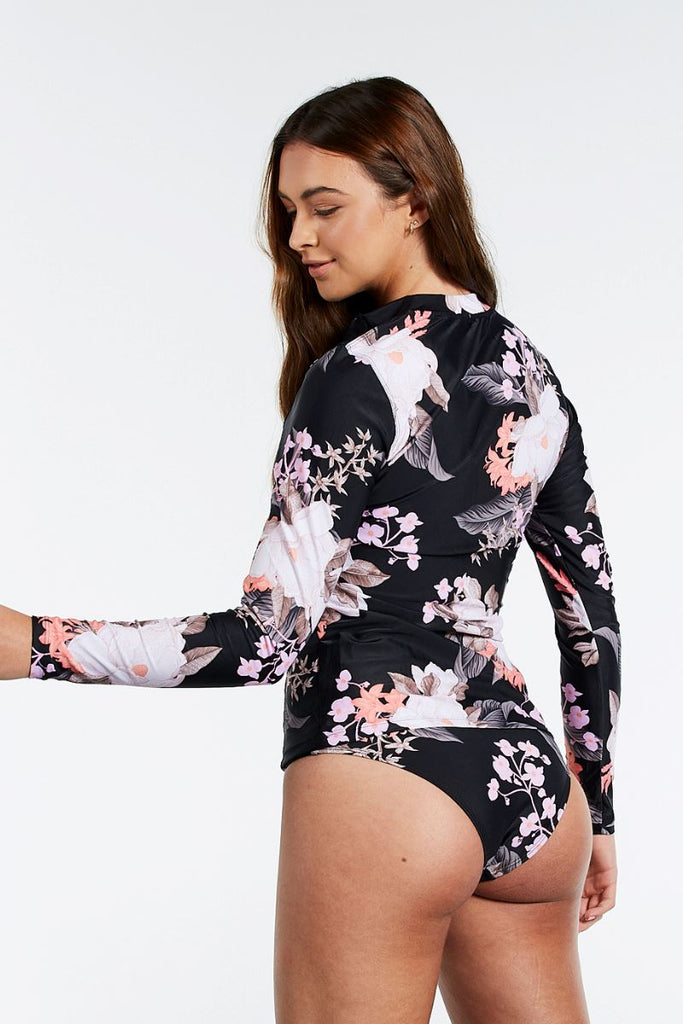 Sustainable Womens Rashie in Cali Tropics Black - Cat & I