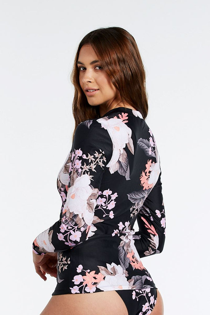 Sustainable Womens Rashie in Cali Tropics Black - Cat & I