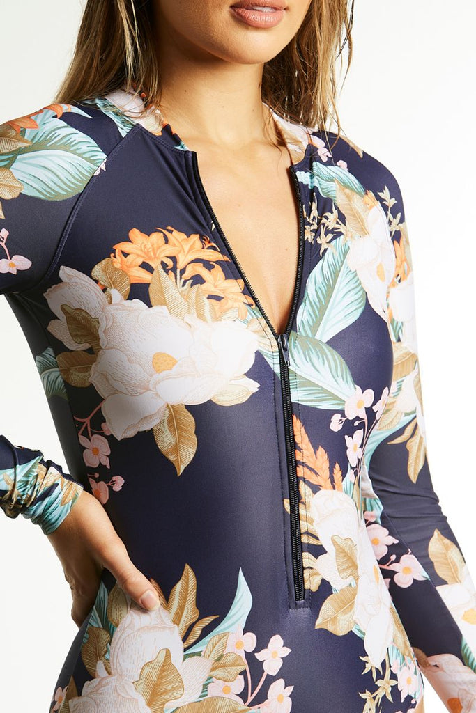 Sustainable Womens Long Sleeve Swimsuit in Cali Tropics Navy - Cat & I